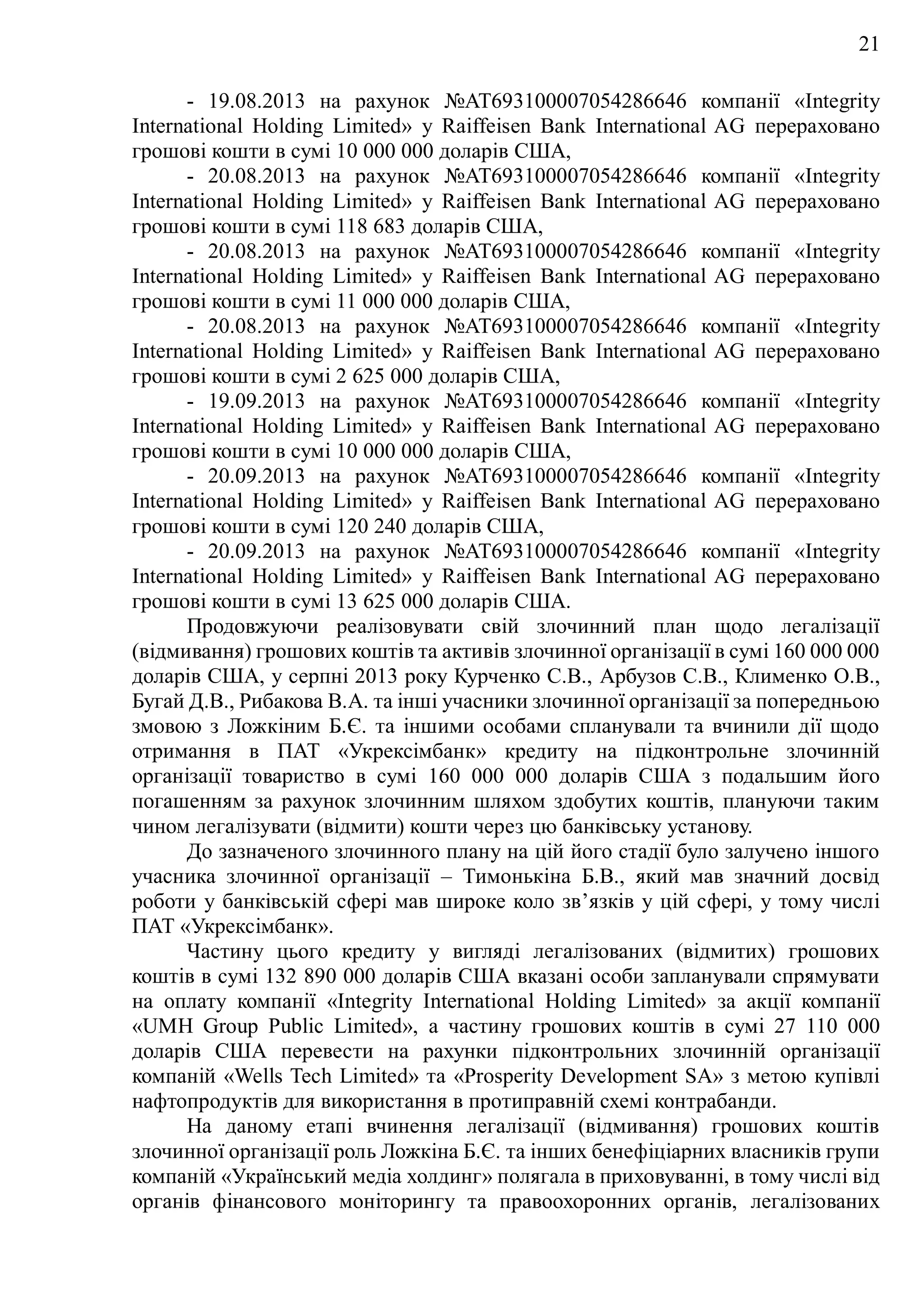 21
- 19.08.2013 на рахунок №AT693100007054286646 компанії «Integrity
International Holding Limited» у Raiffeisen Bank International AG перераховано
грошові кошти в сумі 10 000 000 доларів США,
- 20.08.2013 на рахунок №AT693100007054286646 компанії «Integrity
International Holding Limited» у Raiffeisen Bank International AG перераховано
грошові кошти в сумі 118 683 доларів США,
- 20.08.2013 на рахунок №AT693100007054286646 компанії «Integrity
International Holding Limited» у Raiffeisen Bank International AG перераховано
грошові кошти в сумі 11 000 000 доларів США,
- 20.08.2013 на рахунок №AT693100007054286646 компанії «Integrity
International Holding Limited» у Raiffeisen Bank International AG перераховано
грошові кошти в сумі 2 625 000 доларів США,
- 19.09.2013 на рахунок №AT693100007054286646 компанії «Integrity
International Holding Limited» у Raiffeisen Bank International AG перераховано
грошові кошти в сумі 10 000 000 доларів США,
- 20.09.2013 на рахунок №AT693100007054286646 компанії «Integrity
International Holding Limited» у Raiffeisen Bank International AG перераховано
грошові кошти в сумі 120 240 доларів США,
- 20.09.2013 на рахунок №AT693100007054286646 компанії «Integrity
International Holding Limited» у Raiffeisen Bank International AG перераховано
грошові кошти в сумі 13 625 000 доларів США.
Продовжуючи реалізовувати свій злочинний план щодо легалізації
(відмивання) грошових коштів та активів злочинної організації в сумі 160 000 000
доларів США, у серпні 2013 року Курченко С.В., Арбузов С.В., Клименко О.В.,
Бугай Д.В., Рибакова В.А. та інші учасники злочинної організації за попередньою
змовою з Ложкіним Б.Є. та іншими особами спланували та вчинили дії щодо
отримання в ПАТ «Укрексімбанк» кредиту на підконтрольне злочинній
організації товариство в сумі 160 000 000 доларів США з подальшим його
погашенням за рахунок злочинним шляхом здобутих коштів, плануючи таким
чином легалізувати (відмити) кошти через цю банківську установу.
До зазначеного злочинного плану на цій його стадії було залучено іншого
учасника злочинної організації – Тимонькіна Б.В., який мав значний досвід
роботи у банківській сфері мав широке коло зв’язків у цій сфері, у тому числі
ПАТ «Укрексімбанк».
Частину цього кредиту у вигляді легалізованих (відмитих) грошових
коштів в сумі 132 890 000 доларів США вказані особи запланували спрямувати
на оплату компанії «Integrity International Holding Limited» за акції компанії
«UMH Group Public Limited», а частину грошових коштів в сумі 27 110 000
доларів США перевести на рахунки підконтрольних злочинній організації
компаній «Wells Tech Limited» та «Prosperity Development SA» з метою купівлі
нафтопродуктів для використання в протиправній схемі контрабанди.
На даному етапі вчинення легалізації (відмивання) грошових коштів
злочинної організації роль Ложкіна Б.Є. та інших бенефіціарних власників групи
компаній «Український медіа холдинг» полягала в приховуванні, в тому числі від
органів фінансового моніторингу та правоохоронних органів, легалізованих
 