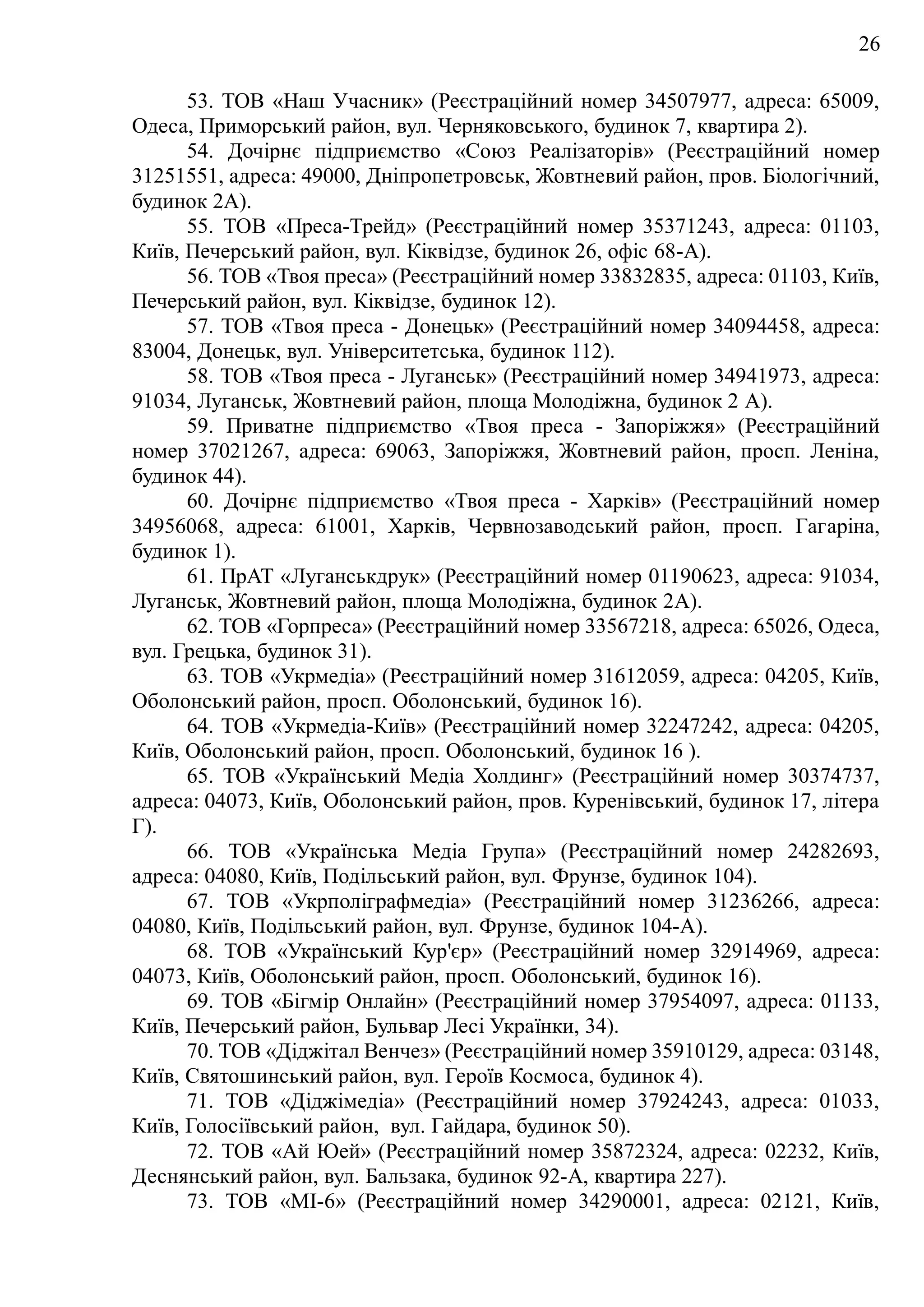26
53. ТОВ «Наш Учасник» (Реєстраційний номер 34507977, адреса: 65009,
Одеса, Приморський район, вул. Черняковського, будинок 7, квартира 2).
54. Дочірнє підприємство «Союз Реалізаторів» (Реєстраційний номер
31251551, адреса: 49000, Дніпропетровськ, Жовтневий район, пров. Біологічний,
будинок 2A).
55. ТОВ «Преса-Трейд» (Реєстраційний номер 35371243, адреса: 01103,
Київ, Печерський район, вул. Кіквідзе, будинок 26, офіс 68-A).
56. ТОВ «Твоя преса» (Реєстраційний номер 33832835, адреса: 01103, Київ,
Печерський район, вул. Кіквідзе, будинок 12).
57. ТОВ «Твоя преса - Донецьк» (Реєстраційний номер 34094458, адреса:
83004, Донецьк, вул. Університетська, будинок 112).
58. ТОВ «Твоя преса - Луганськ» (Реєстраційний номер 34941973, адреса:
91034, Луганськ, Жовтневий район, площа Молодіжна, будинок 2 A).
59. Приватне підприємство «Твоя преса - Запоріжжя» (Реєстраційний
номер 37021267, адреса: 69063, Запоріжжя, Жовтневий район, просп. Леніна,
будинок 44).
60. Дочірнє підприємство «Твоя преса - Харків» (Реєстраційний номер
34956068, адреса: 61001, Харків, Червнозаводський район, просп. Гагаріна,
будинок 1).
61. ПрАТ «Луганськдрук» (Реєстраційний номер 01190623, адреса: 91034,
Луганськ, Жовтневий район, площа Молодіжна, будинок 2A).
62. ТОВ «Горпреса» (Реєстраційний номер 33567218, адреса: 65026, Одеса,
вул. Грецька, будинок 31).
63. ТОВ «Укрмедіа» (Реєстраційний номер 31612059, адреса: 04205, Київ,
Оболонський район, просп. Оболонський, будинок 16).
64. ТОВ «Укрмедіа-Київ» (Реєстраційний номер 32247242, адреса: 04205,
Київ, Оболонський район, просп. Оболонський, будинок 16 ).
65. ТОВ «Український Медіа Холдинг» (Реєстраційний номер 30374737,
адреса: 04073, Київ, Оболонський район, пров. Куренівський, будинок 17, літера
Г).
66. ТОВ «Українська Медіа Група» (Реєстраційний номер 24282693,
адреса: 04080, Київ, Подільський район, вул. Фрунзе, будинок 104).
67. ТОВ «Укрполіграфмедіа» (Реєстраційний номер 31236266, адреса:
04080, Київ, Подільський район, вул. Фрунзе, будинок 104-A).
68. ТОВ «Український Кур'єр» (Реєстраційний номер 32914969, адреса:
04073, Київ, Оболонський район, просп. Оболонський, будинок 16).
69. ТОВ «Бігмір Онлайн» (Реєстраційний номер 37954097, адреса: 01133,
Київ, Печерський район, Бульвар Лесі Українки, 34).
70. ТОВ «Діджітал Венчез» (Реєстраційний номер 35910129, адреса: 03148,
Київ, Святошинський район, вул. Героїв Космоса, будинок 4).
71. ТОВ «Діджімедіа» (Реєстраційний номер 37924243, адреса: 01033,
Київ, Голосіївський район, вул. Гайдара, будинок 50).
72. ТОВ «Ай Юей» (Реєстраційний номер 35872324, адреса: 02232, Київ,
Деснянський район, вул. Бальзака, будинок 92-A, квартира 227).
73. ТОВ «МІ-6» (Реєстраційний номер 34290001, адреса: 02121, Київ,
 