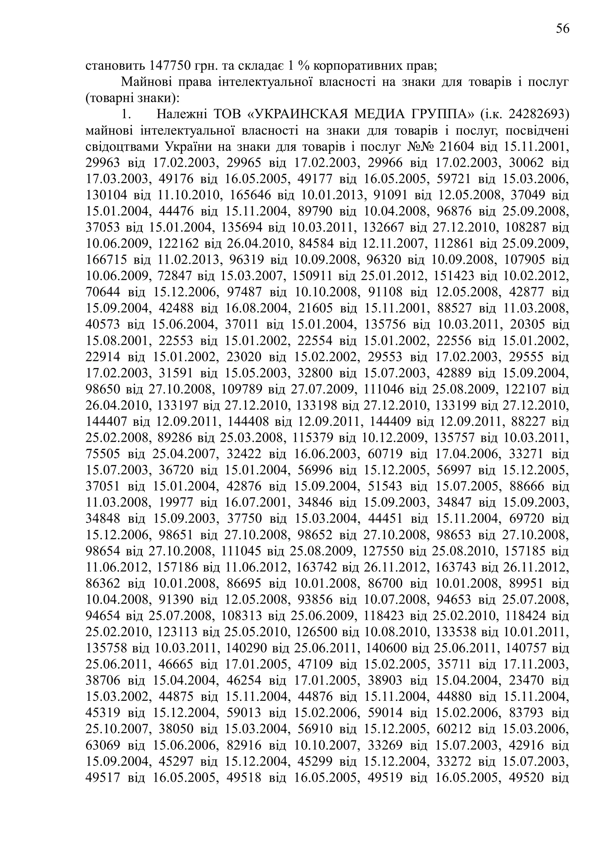 56
становить 147750 грн. та складає 1 % корпоративних прав;
Майнові права інтелектуальної власності на знаки для товарів і послуг
(товарні знаки):
1. Належні ТОВ «УКРАИНСКАЯ МЕДИА ГРУППА» (і.к. 24282693)
майнові інтелектуальної власності на знаки для товарів і послуг, посвідчені
свідоцтвами України на знаки для товарів і послуг №№ 21604 від 15.11.2001,
29963 від 17.02.2003, 29965 від 17.02.2003, 29966 від 17.02.2003, 30062 від
17.03.2003, 49176 від 16.05.2005, 49177 від 16.05.2005, 59721 від 15.03.2006,
130104 від 11.10.2010, 165646 від 10.01.2013, 91091 від 12.05.2008, 37049 від
15.01.2004, 44476 від 15.11.2004, 89790 від 10.04.2008, 96876 від 25.09.2008,
37053 від 15.01.2004, 135694 від 10.03.2011, 132667 від 27.12.2010, 108287 від
10.06.2009, 122162 від 26.04.2010, 84584 від 12.11.2007, 112861 від 25.09.2009,
166715 від 11.02.2013, 96319 від 10.09.2008, 96320 від 10.09.2008, 107905 від
10.06.2009, 72847 від 15.03.2007, 150911 від 25.01.2012, 151423 від 10.02.2012,
70644 від 15.12.2006, 97487 від 10.10.2008, 91108 від 12.05.2008, 42877 від
15.09.2004, 42488 від 16.08.2004, 21605 від 15.11.2001, 88527 від 11.03.2008,
40573 від 15.06.2004, 37011 від 15.01.2004, 135756 від 10.03.2011, 20305 від
15.08.2001, 22553 від 15.01.2002, 22554 від 15.01.2002, 22556 від 15.01.2002,
22914 від 15.01.2002, 23020 від 15.02.2002, 29553 від 17.02.2003, 29555 від
17.02.2003, 31591 від 15.05.2003, 32800 від 15.07.2003, 42889 від 15.09.2004,
98650 від 27.10.2008, 109789 від 27.07.2009, 111046 від 25.08.2009, 122107 від
26.04.2010, 133197 від 27.12.2010, 133198 від 27.12.2010, 133199 від 27.12.2010,
144407 від 12.09.2011, 144408 від 12.09.2011, 144409 від 12.09.2011, 88227 від
25.02.2008, 89286 від 25.03.2008, 115379 від 10.12.2009, 135757 від 10.03.2011,
75505 від 25.04.2007, 32422 від 16.06.2003, 60719 від 17.04.2006, 33271 від
15.07.2003, 36720 від 15.01.2004, 56996 від 15.12.2005, 56997 від 15.12.2005,
37051 від 15.01.2004, 42876 від 15.09.2004, 51543 від 15.07.2005, 88666 від
11.03.2008, 19977 від 16.07.2001, 34846 від 15.09.2003, 34847 від 15.09.2003,
34848 від 15.09.2003, 37750 від 15.03.2004, 44451 від 15.11.2004, 69720 від
15.12.2006, 98651 від 27.10.2008, 98652 від 27.10.2008, 98653 від 27.10.2008,
98654 від 27.10.2008, 111045 від 25.08.2009, 127550 від 25.08.2010, 157185 від
11.06.2012, 157186 від 11.06.2012, 163742 від 26.11.2012, 163743 від 26.11.2012,
86362 від 10.01.2008, 86695 від 10.01.2008, 86700 від 10.01.2008, 89951 від
10.04.2008, 91390 від 12.05.2008, 93856 від 10.07.2008, 94653 від 25.07.2008,
94654 від 25.07.2008, 108313 від 25.06.2009, 118423 від 25.02.2010, 118424 від
25.02.2010, 123113 від 25.05.2010, 126500 від 10.08.2010, 133538 від 10.01.2011,
135758 від 10.03.2011, 140290 від 25.06.2011, 140600 від 25.06.2011, 140757 від
25.06.2011, 46665 від 17.01.2005, 47109 від 15.02.2005, 35711 від 17.11.2003,
38706 від 15.04.2004, 46254 від 17.01.2005, 38903 від 15.04.2004, 23470 від
15.03.2002, 44875 від 15.11.2004, 44876 від 15.11.2004, 44880 від 15.11.2004,
45319 від 15.12.2004, 59013 від 15.02.2006, 59014 від 15.02.2006, 83793 від
25.10.2007, 38050 від 15.03.2004, 56910 від 15.12.2005, 60212 від 15.03.2006,
63069 від 15.06.2006, 82916 від 10.10.2007, 33269 від 15.07.2003, 42916 від
15.09.2004, 45297 від 15.12.2004, 45299 від 15.12.2004, 33272 від 15.07.2003,
49517 від 16.05.2005, 49518 від 16.05.2005, 49519 від 16.05.2005, 49520 від
 