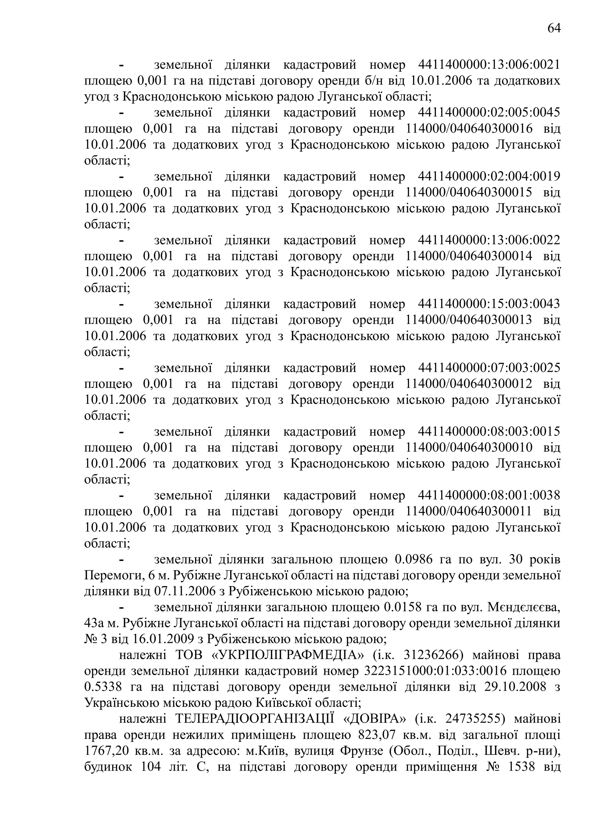 64
- земельної ділянки кадастровий номер 4411400000:13:006:0021
площею 0,001 га на підставі договору оренди б/н від 10.01.2006 та додаткових
угод з Краснодонською міською радою Луганської області;
- земельної ділянки кадастровий номер 4411400000:02:005:0045
площею 0,001 га на підставі договору оренди 114000/040640300016 від
10.01.2006 та додаткових угод з Краснодонською міською радою Луганської
області;
- земельної ділянки кадастровий номер 4411400000:02:004:0019
площею 0,001 га на підставі договору оренди 114000/040640300015 від
10.01.2006 та додаткових угод з Краснодонською міською радою Луганської
області;
- земельної ділянки кадастровий номер 4411400000:13:006:0022
площею 0,001 га на підставі договору оренди 114000/040640300014 від
10.01.2006 та додаткових угод з Краснодонською міською радою Луганської
області;
- земельної ділянки кадастровий номер 4411400000:15:003:0043
площею 0,001 га на підставі договору оренди 114000/040640300013 від
10.01.2006 та додаткових угод з Краснодонською міською радою Луганської
області;
- земельної ділянки кадастровий номер 4411400000:07:003:0025
площею 0,001 га на підставі договору оренди 114000/040640300012 від
10.01.2006 та додаткових угод з Краснодонською міською радою Луганської
області;
- земельної ділянки кадастровий номер 4411400000:08:003:0015
площею 0,001 га на підставі договору оренди 114000/040640300010 від
10.01.2006 та додаткових угод з Краснодонською міською радою Луганської
області;
- земельної ділянки кадастровий номер 4411400000:08:001:0038
площею 0,001 га на підставі договору оренди 114000/040640300011 від
10.01.2006 та додаткових угод з Краснодонською міською радою Луганської
області;
- земельної ділянки загальною площею 0.0986 га по вул. 30 років
Перемоги, 6 м. Рубіжне Луганської області на підставі договору оренди земельної
ділянки від 07.11.2006 з Рубіженською міською радою;
- земельної ділянки загальною площею 0.0158 га по вул. Мєндєлєєва,
43a м. Рубіжне Луганської області на підставі договору оренди земельної ділянки
№ 3 від 16.01.2009 з Рубіженською міською радою;
належні ТОВ «УКРПОЛІГРАФМЕДІА» (і.к. 31236266) майнові права
оренди земельної ділянки кадастровий номер 3223151000:01:033:0016 площею
0.5338 га на підставі договору оренди земельної ділянки від 29.10.2008 з
Українською міською радою Київської області;
належні ТЕЛЕРАДІООРГАНІЗАЦІЇ «ДОВІРА» (і.к. 24735255) майнові
права оренди нежилих приміщень площею 823,07 кв.м. від загальної площі
1767,20 кв.м. за адресою: м.Київ, вулиця Фрунзе (Обол., Поділ., Шевч. р-ни),
будинок 104 літ. С, на підставі договору оренди приміщення № 1538 від
 