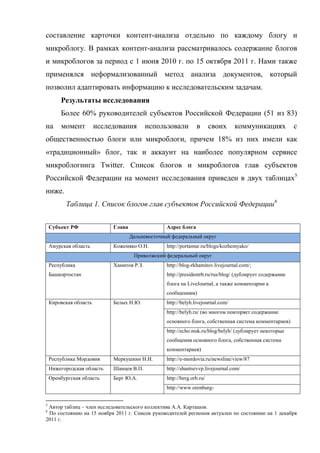 составление карточки контент-анализа отдельно по каждому блогу и
микроблогу. В рамках контент-анализа рассматривалось содержание блогов
и микроблогов за период с 1 июня 2010 г. по 15 октября 2011 г. Нами также
применялся неформализованный метод анализа документов, который
позволил адаптировать информацию к исследовательским задачам.
        Результаты исследования
        Более 60% руководителей субъектов Российской Федерации (51 из 83)
на      момент          исследования        использовали         в       своих     коммуникациях           с
общественностью блоги или микроблоги, причем 18% из них имели как
«традиционный» блог, так и аккаунт на наиболее популярном сервисе
микроблогинга Twitter. Список блогов и микроблогов глав субъектов
Российской Федерации на момент исследования приведен в двух таблицах5
ниже.
          Таблица 1. Список блогов глав субъектов Российской Федерации6

    Субъект РФ               Глава                 Адрес блога
                                     Дальневосточный федеральный округ
    Амурская область         Кожемяко О.Н.         http://portamur.ru/blogs/kozhemyako/
                                      Приволжский федеральный округ
    Республика               Хамитов Р.З.          http://blog-rkhamitov.livejournal.com/;
    Башкортостан                                   http://presidentrb.ru/rus/blog/ (дублирует содержание
                                                   блога на LiveJournal, а также комментарии к
                                                   сообщениям)
    Кировская область        Белых Н.Ю.            http://belyh.livejournal.com/
                                                   http://belyh.ru/ (во многом повторяет содержание
                                                   основного блога, собственная система комментариев)
                                                   http://echo.msk.ru/blog/belyh/ (дублирует некоторые
                                                   сообщения основного блога, собственная система
                                                   комментариев)
    Республика Мордовия      Меркушкин Н.И.        http://e-mordovia.ru/newsline/view/87
    Нижегородская область    Шанцев В.П.           http://shantsevvp.livejournal.com/
    Оренбургская область     Берг Ю.А.             http://berg.orb.ru/
                                                   http://www.orenburg-


5
 Автор таблиц – член исследовательского коллектива А.А. Карташов.
6
 По состоянию на 15 ноября 2011 г. Список руководителей регионов актуален по состоянию на 1 декабря
2011 г.
 