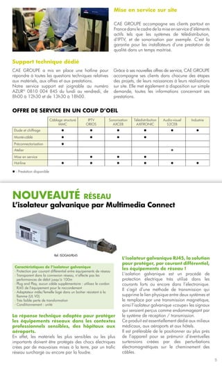 Mise en service sur site

                                                                     CAE GROUPE accompagne ses clients partout en
                                                                     France dans le cadre de la mise en service d’éléments
                                                                     actifs tels que les systèmes de télédistribution,
                                                                     d’IPTV, et de sonorisation par exemple. C’est la
                                                                     garantie pour les installateurs d’une prestation de
                                                                     qualité dans un temps maitrisé.

Support technique dédié
CAE GROUPE a mis en place une hotline pour                           Grâce à ses nouvelles offres de service, CAE GROUPE
répondre à toutes les questions techniques relatives                 accompagne ses clients dans chacune des étapes
aux matériels, aux offres et aux prestations.                        des projets, de leurs naissances à leurs réalisations
Notre service support est joignable au numéro                        sur site. Elle met également à disposition sur simple
AZUR® 0810 004 845 du lundi au vendredi, de                          demande, toutes les informations concernant ses
8h00 à 12h30 et de 13h30 à 18h00.                                    prestations.


Offre de service en un coup d’oeil
                            Câblage structuré      IPTV          Sonorisation   Télédistribution   Audio-visuel   Industrie
                                 MMC              ORIOS            AXCEB         AXITRONIC           S2CEB
 Étude et chiffrage                l                l                 l                l                l            l
 Monté-câblé                       l                l                 l                l
 Préconnectorisation               l
 Atelier                                                                                                l
 Mise en service                                    l                 l                l
 Hot-line                          l                l                 l                l                l            l

l : Prestation disponible




Nouveauté            réseau
L’isolateur galvanique par Multimedia Connect




                               Réf. ISOGALVRJ45
                                                                          L’isolateur galvanique RJ45, la solution
                                                                          pour protéger, par courant différentiel,
 Caractéristiques de l’isolateur galvanique
                                                                          les équipements de réseau !
 - Protection par courant différentiel entre équipements de réseau
 - Transparent dans la connexion réseau, n’affecte pas les                L’isolation galvanique est un procédé de
 	 performances de débit jusqu’à 100m                                     protection électrique très utilisé dans les
 - Plug and Play, aucun câble supplémentaire : utilisez le cordon         courants forts ou encore dans l’électronique.
 	 RJ45 de l’équipement pour le raccordement
                                                                          Il s’agit d’une méthode de transmission qui
 - Adaptateur mâle/femelle logé dans un boîtier résistant à la
 	 flamme (UL V0)                                                         supprime le lien physique entre deux systèmes et
 - Très faible perte de transformation                                    le remplace par une transmission magnétique,
 - Conditionnement : unité                                                ainsi l’isolateur galvanique «coupe» les signaux
                                                                          qui seraient perçus comme endommageant par
La réponse technique adaptée pour protéger                                le système de réception / transmission.
les équipements réseaux dans les contextes                                Ce produit est essentiellement dédié aux milieux
professionnels sensibles, des hôpitaux aux                                médicaux, aux aéroports et aux hôtels.
aéroports.                                                                Il est préférable de le positionner au plus près
En effet, les matériels les plus sensibles ou les plus                    de l’appareil pour se prémunir d’éventuelles
importants doivent être protégés des chocs électriques                    surtensions créées par des perturbations
crées par de mauvaises mises à la terre, par un trafic                    électromagnétiques sur le cheminement des
réseau surchargé ou encore par la foudre.                                 câbles.
                                                                                                                              5
 