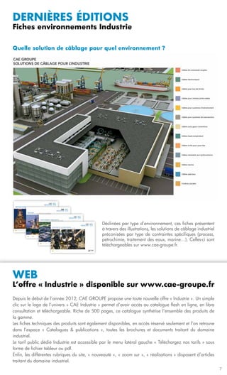 dernières éditions
Fiches environnements Industrie

Quelle solution de câblage pour quel environnement ?




                                               Déclinées par type d’environnement, ces fiches présentent
                                               à travers des illustrations, les solutions de câblage industriel
                                               préconisées par type de contraintes spécifiques (process,
                                               pétrochimie, traitement des eaux, marine…). Celles-ci sont
                                               téléchargeables sur www.cae-groupe.fr.




Web
L’offre « Industrie » disponible sur www.cae-groupe.fr
Depuis le début de l’année 2012, CAE GROUPE propose une toute nouvelle offre « Industrie ». Un simple
clic sur le logo de l’univers « CAE Industrie » permet d’avoir accès au catalogue flash en ligne, en libre
consultation et téléchargeable. Riche de 500 pages, ce catalogue synthétise l’ensemble des produits de
la gamme.
Les fiches techniques des produits sont également disponibles, en accès réservé seulement et l’on retrouve
dans l’espace « Catalogues & publications », toutes les brochures et documents traitant du domaine
industriel.
Le tarif public dédié Industrie est accessible par le menu latéral gauche « Téléchargez nos tarifs » sous
forme de fichier tableur ou pdf.
Enfin, les différentes rubriques du site, « nouveauté », « zoom sur », « réalisations » disposent d’articles
traitant du domaine industriel.
                                                                                                                  7
 
