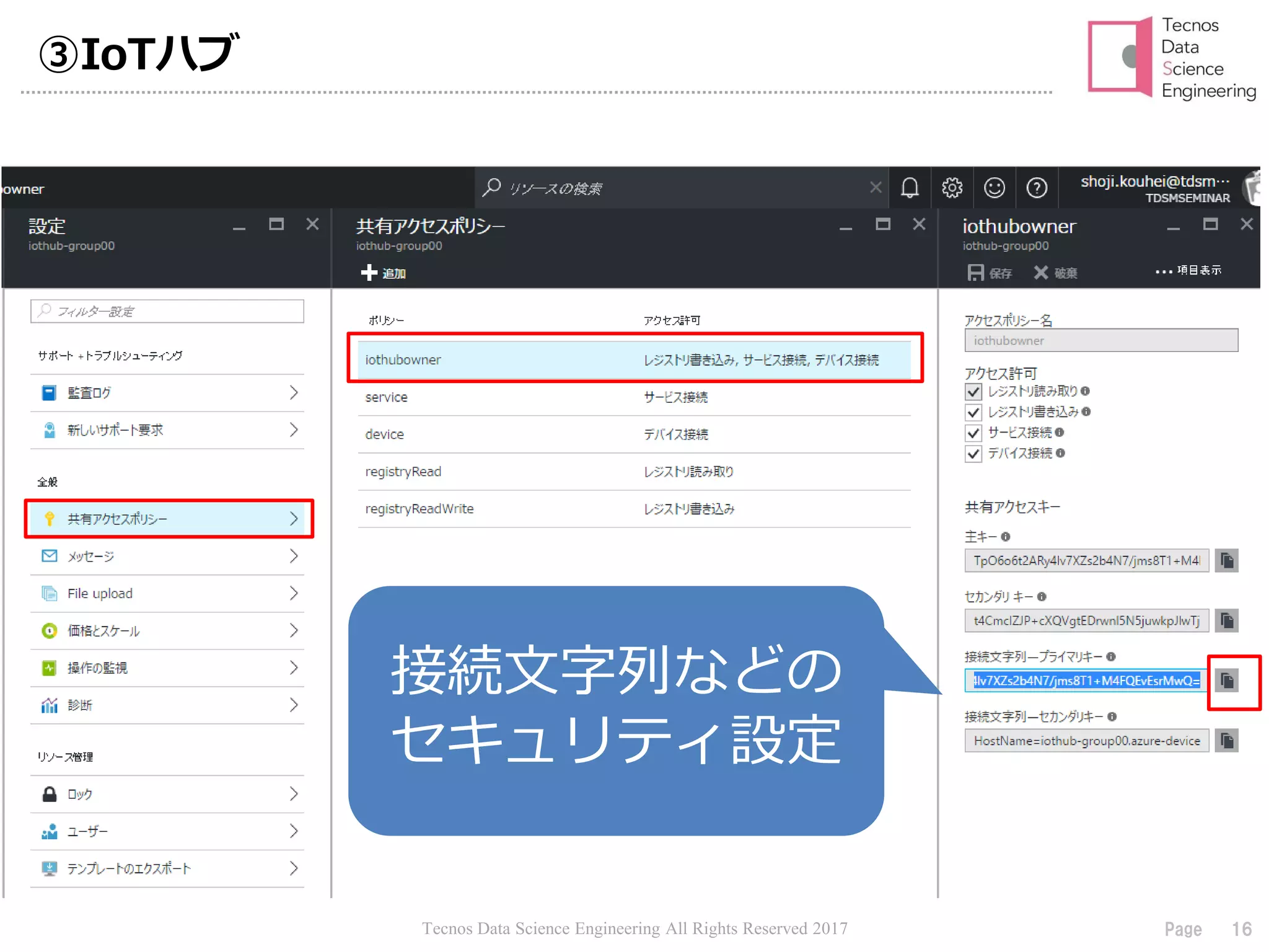 Tecnos Data Science Engineering All Rights Reserved 2017 16Page
③IoTハブ
接続文字列などの
セキュリティ設定
 