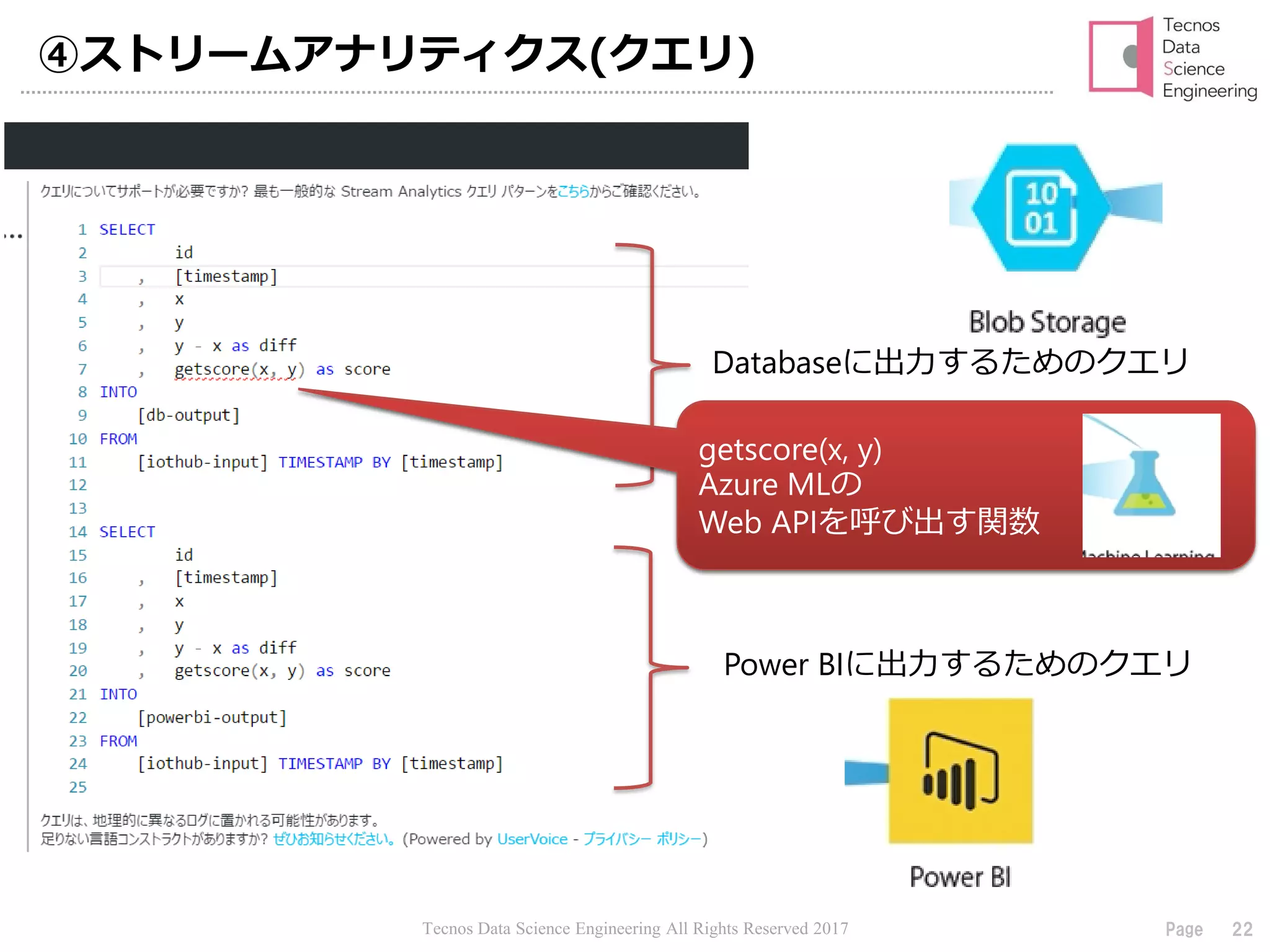 Tecnos Data Science Engineering All Rights Reserved 2017 22Page
④ストリームアナリティクス(クエリ)
Databaseに出力するためのクエリ
Power BIに出力するためのクエリ
getscore(x, y)
Azure MLのWeb APIを呼び出す関数
関数の定義はこの後おこなう
getscore(x, y)
Azure MLの
Web APIを呼び出す関数
 