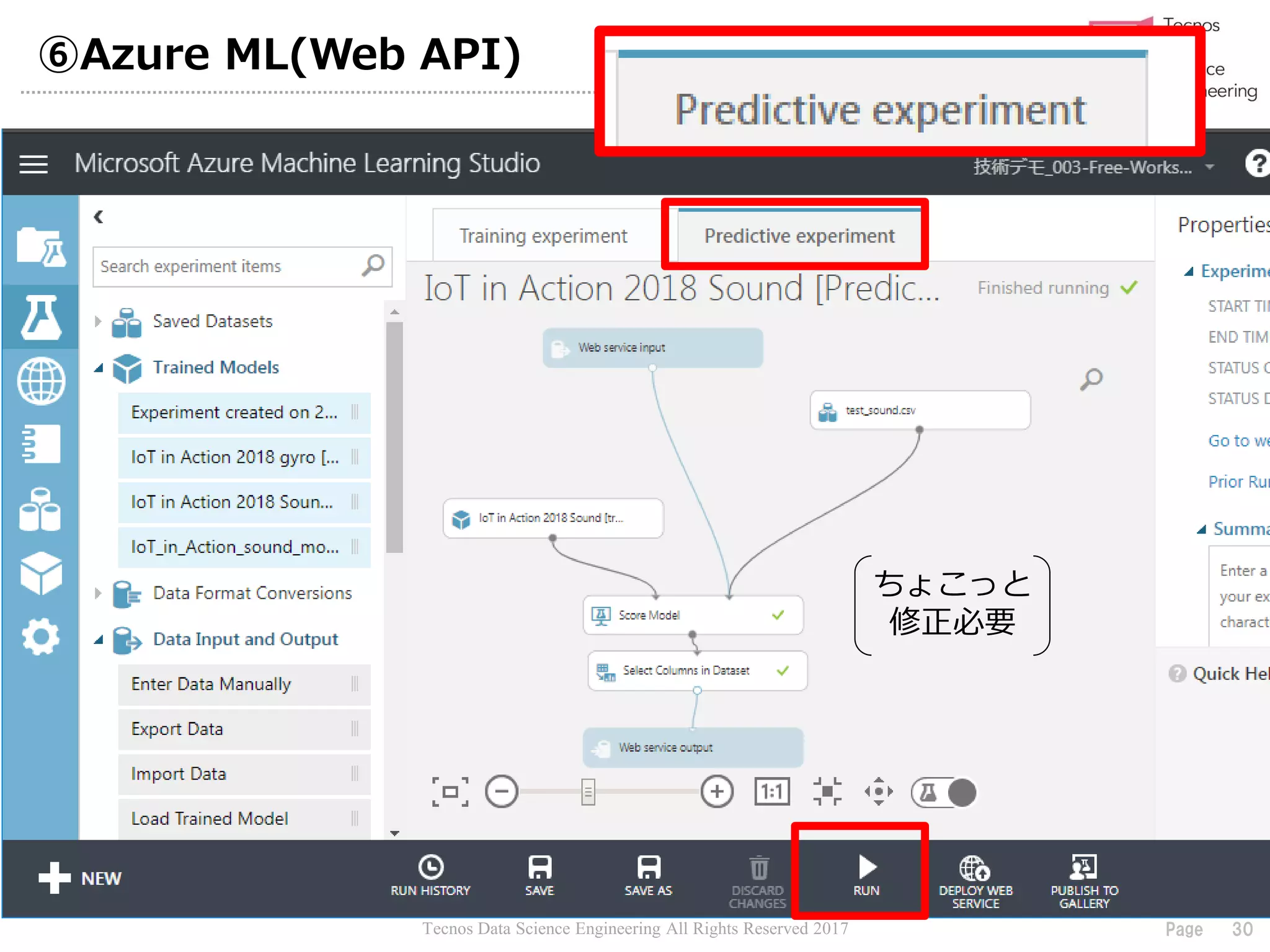 Tecnos Data Science Engineering All Rights Reserved 2017 30Page
⑥Azure ML(Web API)
ちょこっと
修正必要
 