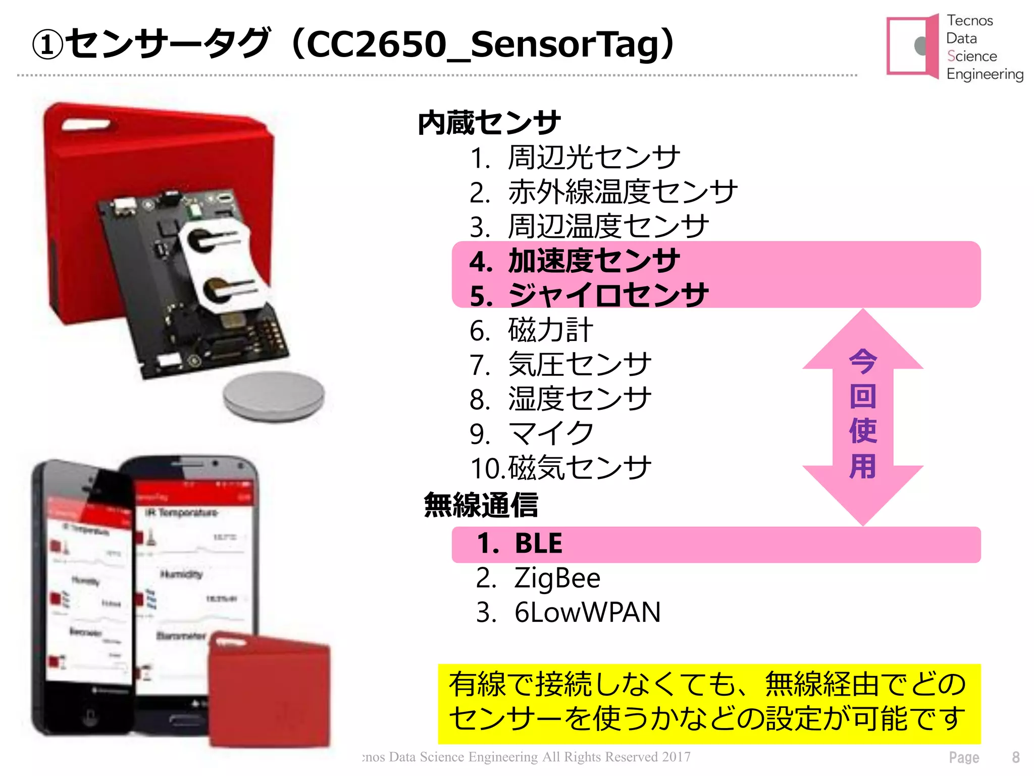 Tecnos Data Science Engineering All Rights Reserved 2017 8Page
①センサータグ（CC2650_SensorTag）
内蔵センサ
1. 周辺光センサ
2. 赤外線温度センサ
3. 周辺温度センサ
4. 加速度センサ
5. ジャイロセンサ
6. 磁力計
7. 気圧センサ
8. 湿度センサ
9. マイク
10.磁気センサ
無線通信
1. BLE
2. ZigBee
3. 6LowWPAN
有線で接続しなくても、無線経由でどの
センサーを使うかなどの設定が可能です
今
回
使
用
 