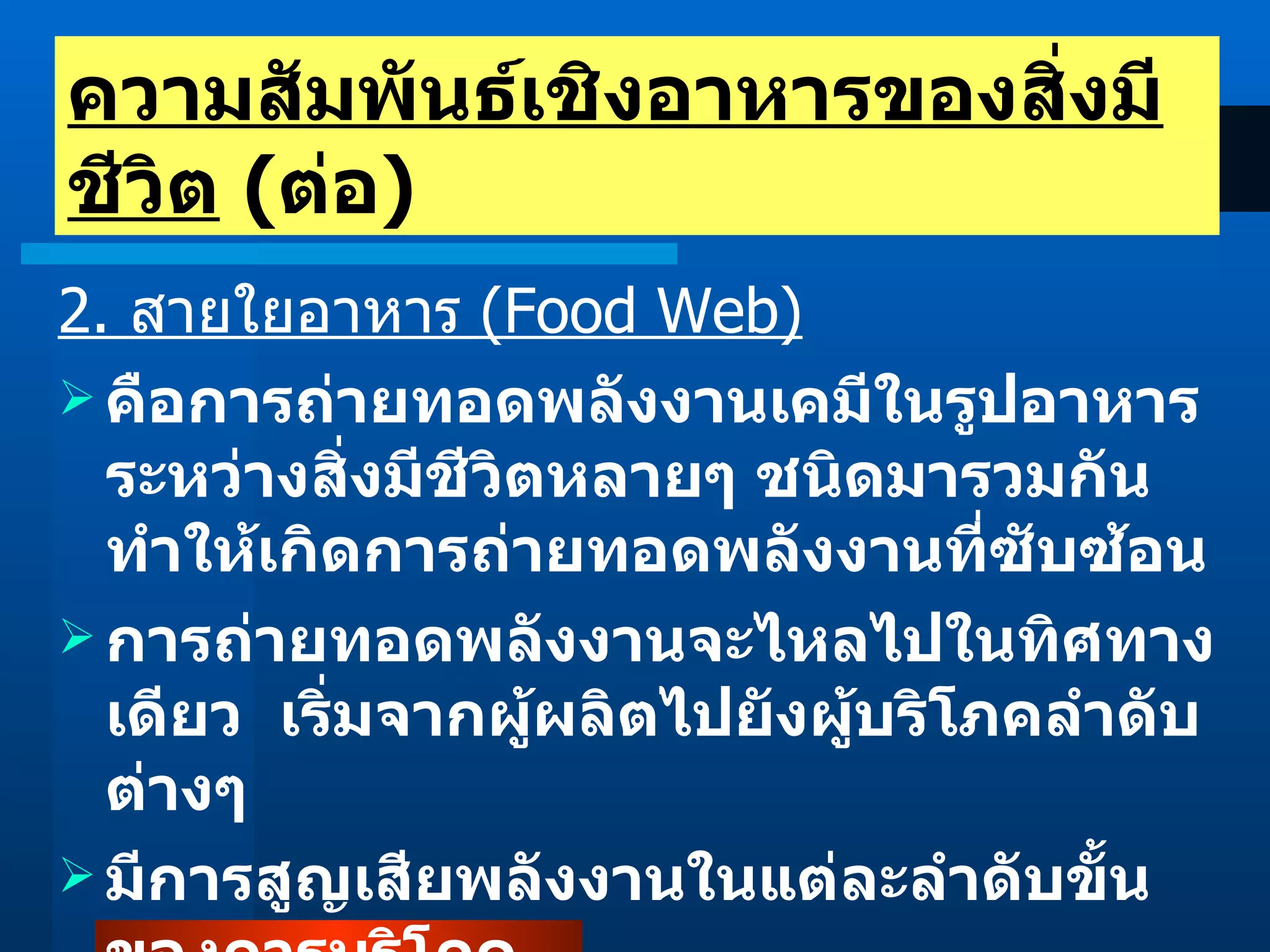2.  สายใยอาหาร  ( Food Web ) คือการถ่ายทอดพลังงานเคมีในรูปอาหารระหว่างสิ่งมีชีวิตหลายๆ ชนิดมารวมกัน ทำให้เกิดการถ่ายทอดพลังงานที่ซับซ้อน การถ่ายทอดพลังงานจะไหลไปในทิศทางเดียว  เริ่มจากผู้ผลิตไปยังผู้บริโภคลำดับต่างๆ มีการสูญเสียพลังงานในแต่ละลำดับขั้นของการบริโภค ไม่มีการเคลื่อนกลับเป็นวัฏจักร ความสัมพันธ์เชิงอาหารของสิ่งมีชีวิต   ( ต่อ )  
