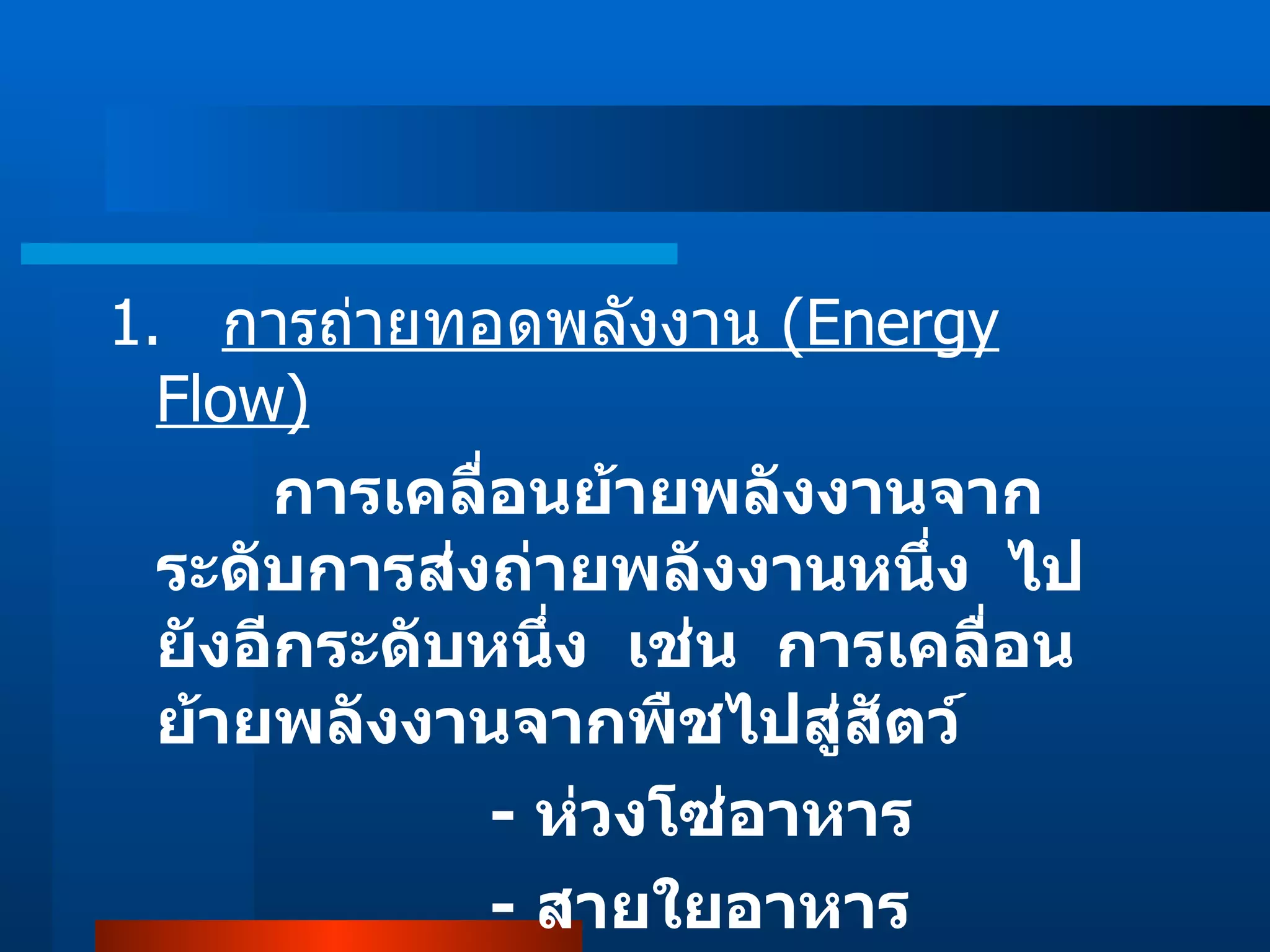 1.  การถ่ายทอดพลังงาน  ( Energy Flow )   การเคลื่อนย้ายพลังงานจากระดับการส่งถ่ายพลังงานหนึ่ง  ไป   ยังอีกระดับหนึ่ง  เช่น  การเคลื่อนย้ายพลังงานจากพืชไปสู่สัตว์ -  ห่วงโซ่อาหาร -  สายใยอาหาร 