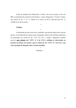 Custas do incidente pelo Requerente e Credor, com taxa de justiça se fixa em
1UC, na proporção dos respectivos decaimentos, ¼ para o Requerente e 3/4 para o Credor,
(nos termos do art.º 7º, nº 3 e Tabela II em Anexo ao R.C.P. aprovado pelo D.L. nº
34/2008, de 26 de Fevereiro).
                                                *
         Notifique.
                                                *
         Considerando que não existe activo a partilhar e que subsiste apenas uma verba do
passivo, ora reconhecida nos termos acima consignados, tendo já sido realizada conferência
de interessados nos termos do art.º 1353.º do C.P.C. e obtido o pagamento imediato
possível, após trânsito (art.º 1357.º, nº 4 do C.P.C.), notifique os interessados no
presente inventário, nos termos e para os efeitos do art.º 1373.º, nº 1 do C.P.C. com
vista à prolação de despacho sobre a forma à partilha.
                                                *
                                          Portalegre …




                                                                                       15
 