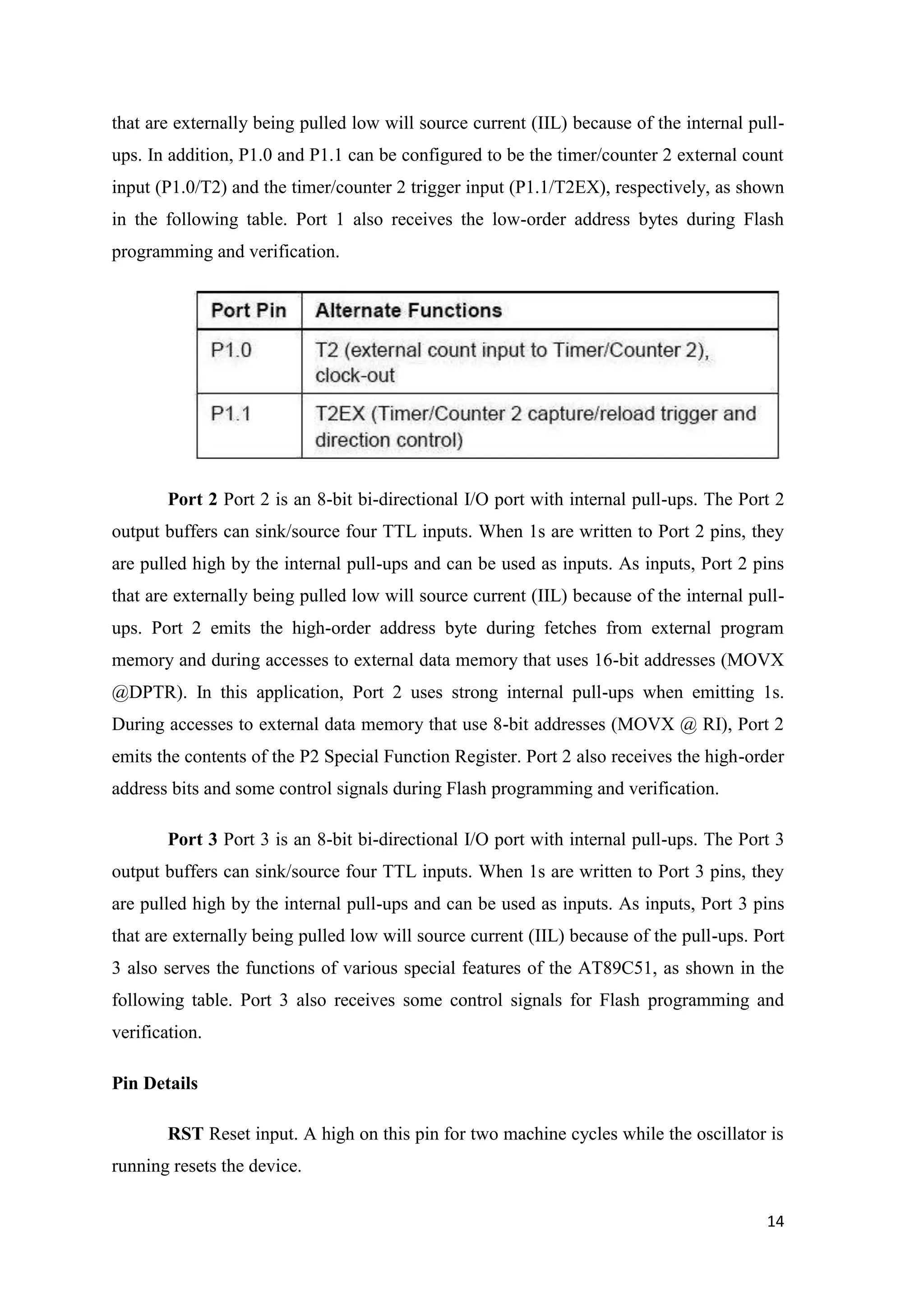 that are externally being pulled low will source current (IIL) because of the internal pullups. In addition, P1.0 and P1.1 can be configured to be the timer/counter 2 external count input (P1.0/T2) and the timer/counter 2 trigger input (P1.1/T2EX), respectively, as shown in the following table. Port 1 also receives the low-order address bytes during Flash programming and verification. Port 2 Port 2 is an 8-bit bi-directional I/O port with internal pull-ups. The Port 2 output buffers can sink/source four TTL inputs. When 1s are written to Port 2 pins, they are pulled high by the internal pull-ups and can be used as inputs. As inputs, Port 2 pins that are externally being pulled low will source current (IIL) because of the internal pullups. Port 2 emits the high-order address byte during fetches from external program memory and during accesses to external data memory that uses 16-bit addresses (MOVX @DPTR). In this application, Port 2 uses strong internal pull-ups when emitting 1s. During accesses to external data memory that use 8-bit addresses (MOVX @ RI), Port 2 emits the contents of the P2 Special Function Register. Port 2 also receives the high-order address bits and some control signals during Flash programming and verification. Port 3 Port 3 is an 8-bit bi-directional I/O port with internal pull-ups. The Port 3 output buffers can sink/source four TTL inputs. When 1s are written to Port 3 pins, they are pulled high by the internal pull-ups and can be used as inputs. As inputs, Port 3 pins that are externally being pulled low will source current (IIL) because of the pull-ups. Port 3 also serves the functions of various special features of the AT89C51, as shown in the following table. Port 3 also receives some control signals for Flash programming and verification. Pin Details RST Reset input. A high on this pin for two machine cycles while the oscillator is running resets the device. 14 