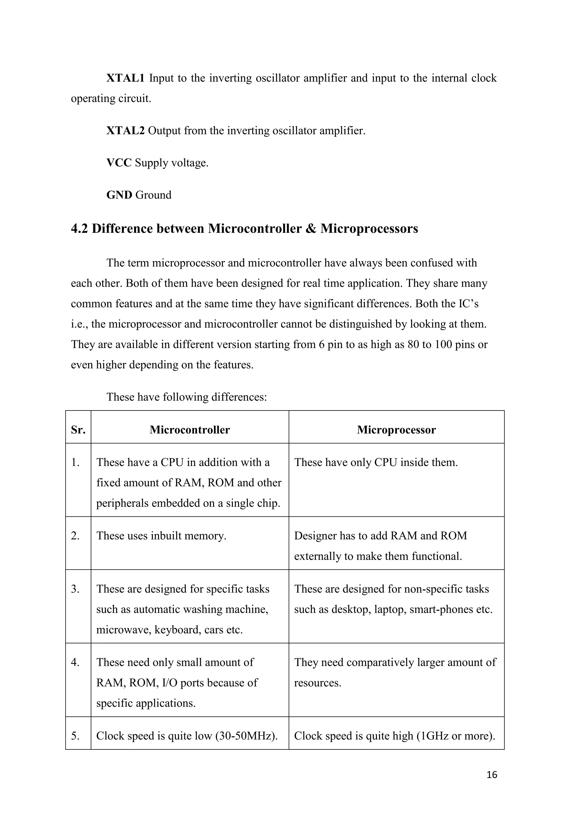 XTAL1 Input to the inverting oscillator amplifier and input to the internal clock operating circuit. XTAL2 Output from the inverting oscillator amplifier. VCC Supply voltage. GND Ground 4.2 Difference between Microcontroller & Microprocessors The term microprocessor and microcontroller have always been confused with each other. Both of them have been designed for real time application. They share many common features and at the same time they have significant differences. Both the IC‟s i.e., the microprocessor and microcontroller cannot be distinguished by looking at them. They are available in different version starting from 6 pin to as high as 80 to 100 pins or even higher depending on the features. These have following differences: Sr. 1. Microcontroller These have a CPU in addition with a Microprocessor These have only CPU inside them. fixed amount of RAM, ROM and other peripherals embedded on a single chip. 2. These uses inbuilt memory. Designer has to add RAM and ROM externally to make them functional. 3. These are designed for specific tasks These are designed for non-specific tasks such as automatic washing machine, such as desktop, laptop, smart-phones etc. microwave, keyboard, cars etc. 4. These need only small amount of They need comparatively larger amount of RAM, ROM, I/O ports because of resources. specific applications. 5. Clock speed is quite low (30-50MHz). Clock speed is quite high (1GHz or more). 16 