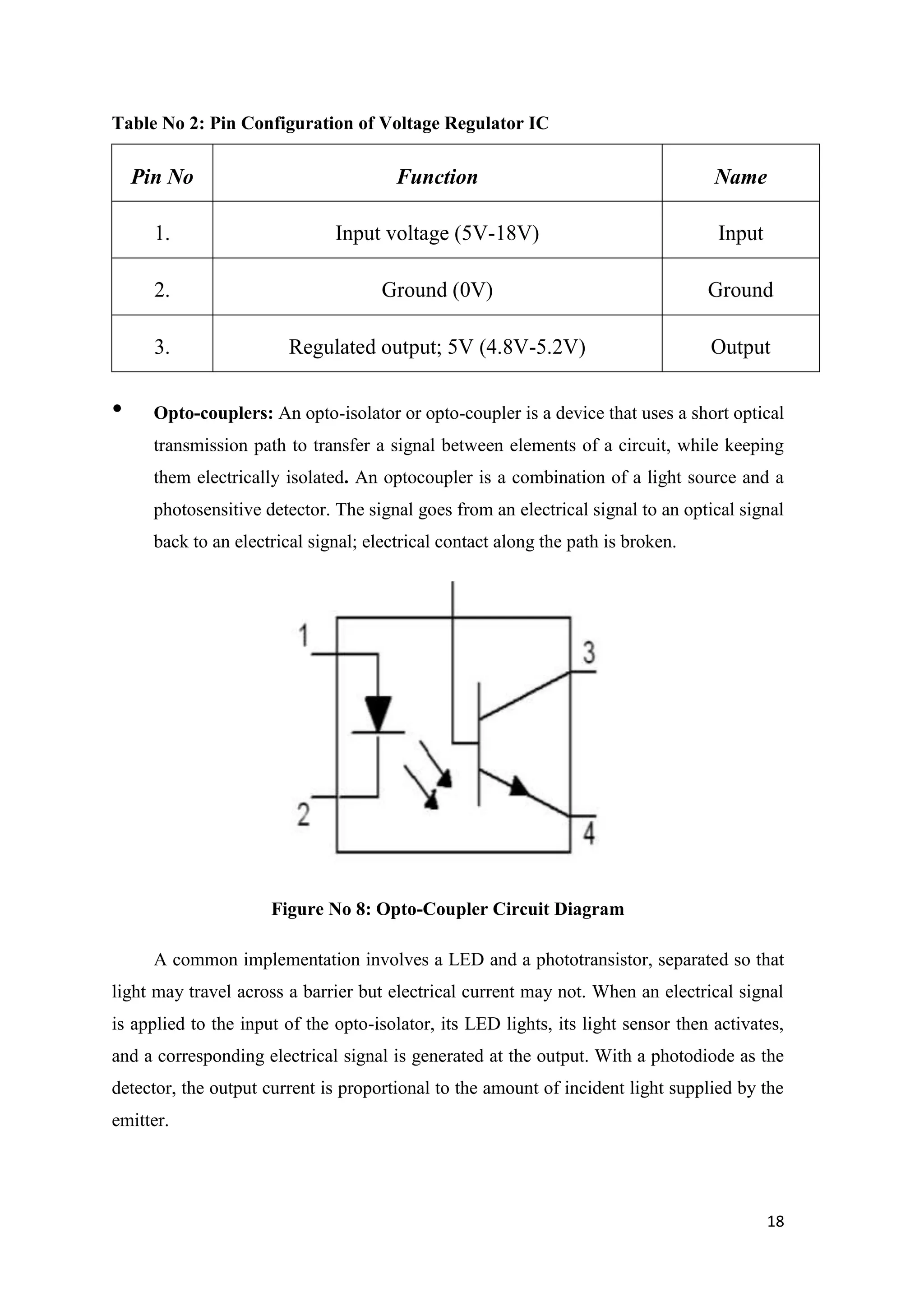 Table No 2: Pin Configuration of Voltage Regulator IC Pin No Name 1. Input voltage (5V-18V) Input 2. Ground (0V) Ground 3. • Function Regulated output; 5V (4.8V-5.2V) Output Opto-couplers: An opto-isolator or opto-coupler is a device that uses a short optical transmission path to transfer a signal between elements of a circuit, while keeping them electrically isolated. An optocoupler is a combination of a light source and a photosensitive detector. The signal goes from an electrical signal to an optical signal back to an electrical signal; electrical contact along the path is broken. Figure No 8: Opto-Coupler Circuit Diagram A common implementation involves a LED and a phototransistor, separated so that light may travel across a barrier but electrical current may not. When an electrical signal is applied to the input of the opto-isolator, its LED lights, its light sensor then activates, and a corresponding electrical signal is generated at the output. With a photodiode as the detector, the output current is proportional to the amount of incident light supplied by the emitter. 18 