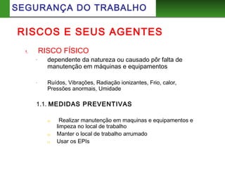 RISCOS E SEUS AGENTES
1. RISCO FÍSICO
- dependente da natureza ou causado pôr falta de
manutenção em máquinas e equipamentos
- Ruídos, Vibrações, Radiação ionizantes, Frio, calor,
Pressões anormais, Umidade
1.1. MEDIDAS PREVENTIVAS
a) Realizar manutenção em maquinas e equipamentos e
limpeza no local de trabalho
b) Manter o local de trabalho arrumado
c) Usar os EPIs
SEGURANÇA DO TRABALHO
 