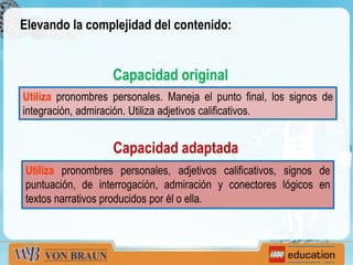 Elevando la complejidad del contenido:
Capacidad original
Utiliza pronombres personales. Maneja el punto final, los signos de
integración, admiración. Utiliza adjetivos calificativos.
Capacidad adaptada
Utiliza pronombres personales, adjetivos calificativos, signos de
puntuación, de interrogación, admiración y conectores lógicos en
textos narrativos producidos por él o ella.
 
