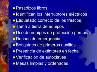  Pasadizos libres
 Identifican los interruptores eléctricos
 Etiquetado correcto de los frascos
 Toma a tierra de equipos
 Uso de equipos de protección personal
 Duchas de emergencia
 Botiquines de primeros auxilios
 Presencia de extintores en fecha
 Verificación de autoclaves
 Mesas limpias y ordenadas
 