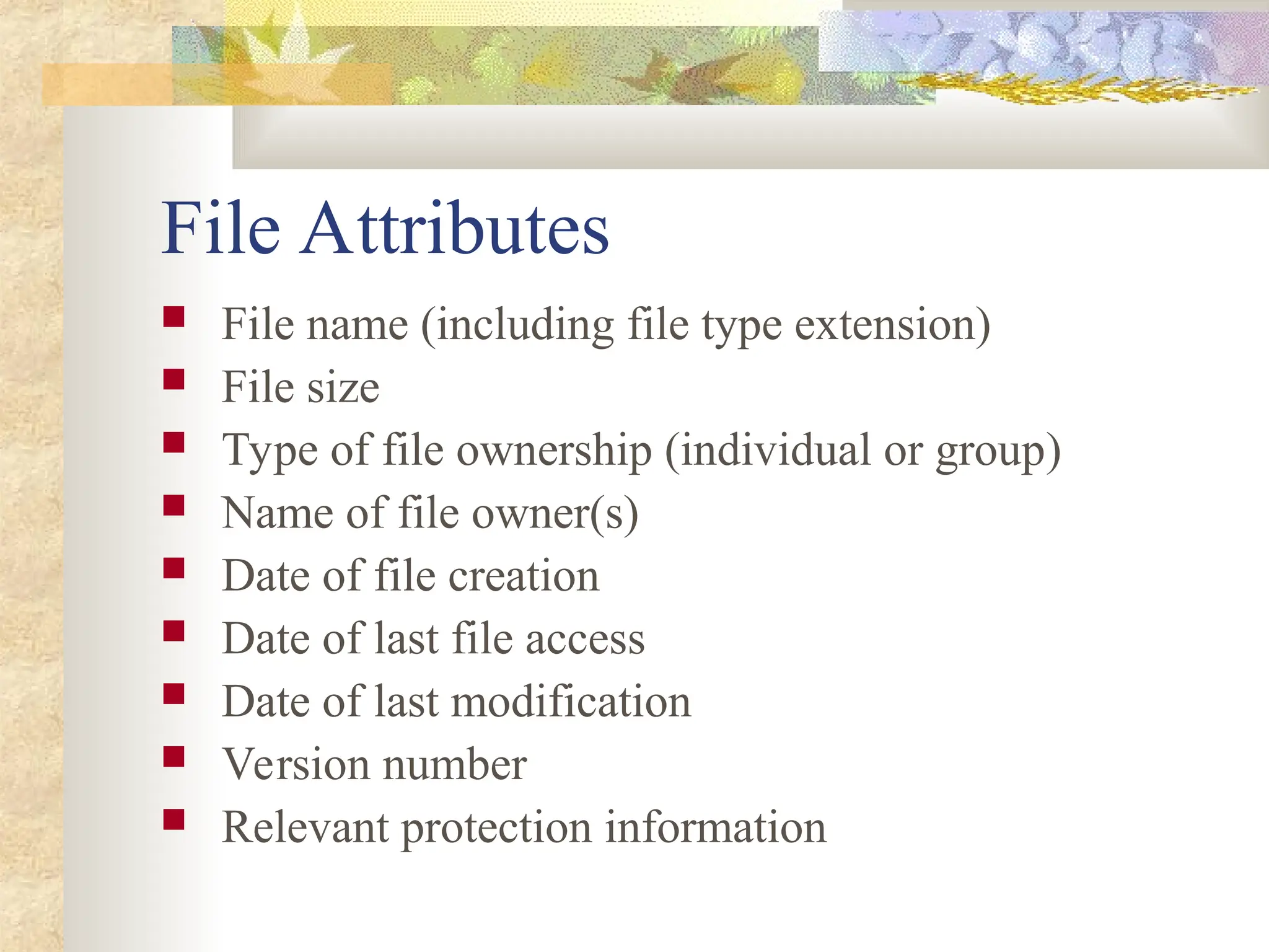 File Attributes
 File name (including file type extension)
 File size
 Type of file ownership (individual or group)
 Name of file owner(s)
 Date of file creation
 Date of last file access
 Date of last modification
 Version number
 Relevant protection information
 