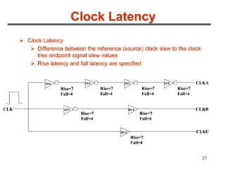 23
Clock Latency
 Clock Latency
 Difference between the reference (source) clock slew to the clock
tree endpoint signal slew values
 Rise latency and fall latency are specified
INV
Rise=7
Fall=4
Rise=7
Fall=4
Rise=7
Fall=4
Rise=7
Fall=4
Rise=7
Fall=4
Rise=7
Fall=4
Rise=7
Fall=4
CLK
CLKA
CLKB
CLKC
INV
INV
INV
INV
INV
BUF
BUF
 