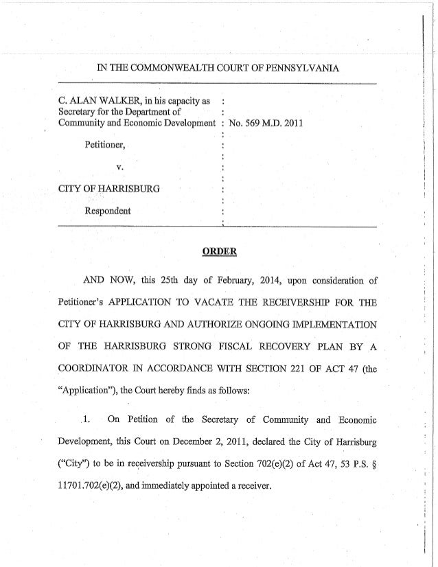 PA Court Order Terminating Harrisburg Receivership PA Court Order Terminating Harrisburg Receivership