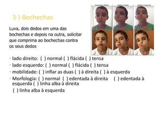 3-) Bochechas
Luva, dois dedos em uma das
bochechas e depois na outra, solicitar
que comprima ao bochechas contra
os seus dedos
• lado direito: ( ) normal ( ) flácida ( ) tensa
• lado esquerdo: ( ) normal ( ) flácida ( ) tensa
• mobilidade: ( ) inflar as duas ( ) à direita ( ) à esquerda
• Morfologia: ( ) normal ( ) edentada à direita ( ) edentada à
esquerda ( ) linha alba à direita
( ) linha alba à esquerda
 