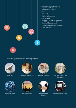 We address positions in the
following functions:
- IT
- Finance
- Sales & Marketing
- HR & Legal
- Supply Chain Management
- Senior Management
(General Managers, Vice Presidents,
COO and CEO)
Our services spans across the following verticals:
Telecom
Manufacturing Infrastructure Professional
Services
Media & Advertising
Banking & Finance Retail & Pharma FMCG & Consumer
Durables
 