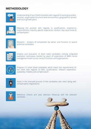 METHODOLOGY
Understanding of our Client’s business with regards to existing business
activities, organization structure work environment, geographical spread
and future growth plans.
Mapping the position with regards to qualiﬁcations, experience,
responsibilities, industry speciﬁc experience, location, key result areas &
compensation.
Research - Analysis of competition by sector and function to search
potential candidates.
Analysis and evaluation of short listed candidates utilizing integrated
evaluation techniques backed by years of experience of AIM’s senior
management team across various functions and organizations.
Propose 2-3 short listed candidates which match the requirements of
the client with regards to skills, qualiﬁcations, relevant experience,
availability, mobility and compensation.
Assist in the interview process of the candidates with client along with
compensation negotiations.
Reference Checks and post selection follow-up with the selected
candidate.
 