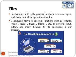 Files
⚫ File handing in C is the process in which we create, open,
read, write, and close operations on a file.
⚫ C language provides different functions such as fopen(),
fwrite(), fread(), fseek(), fprintf(), etc. to perform input,
output, and many different C file operations in our
program.
Mr.U.Udayakumar, Assistant Professor, Department of Computer Science
&
Applications(B.Sc CS), SRMIST, Ramapuram
3
 