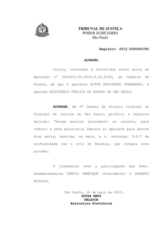 TRIBUNAL DE JUSTIÇA
PODER JUDICIÁRIO
São Paulo
Registro: 2013.0000283785
ACÓRDÃO
Vistos, relatados e discutidos estes autos de
Apelação nº 0026651-20.2010.8.26.0196, da Comarca de
Franca, em que é apelante ELTON EURIPEDES FERNANDES, é
apelado MINISTÉRIO PÚBLICO DO ESTADO DE SÃO PAULO.
ACORDAM, em 9ª Câmara de Direito Criminal do
Tribunal de Justiça de São Paulo, proferir a seguinte
decisão: "Deram parcial provimento ao recurso, para
reduzir a pena pecuniária imposta ao apelante para quinze
dias multa, mantida, no mais, a r. sentença. V.U." de
conformidade com o voto do Relator, que integra este
acórdão.
O julgamento teve a participação dos Exmo.
Desembargadores OTÁVIO HENRIQUE (Presidente) e ROBERTO
MIDOLLA.
São Paulo, 16 de maio de 2013.
SOUZA NERY
RELATOR
Assinatura Eletrônica
 