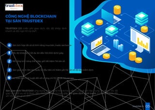 Sàn tích hợp tất cả cả tính năng mua bán, trade, exchange.
03trustdex.io
CÔNG NGHỆ BLOCKCHAIN
TẠI SÀN TRUSTDEX
TRUSTDEX 2.0 miễn phí giao dịch, tốc độ khớp lệnh
nhanh và đội ngũ hỗ trợ 24/7.
Tốc độ khớp lệnh tối đa lên đến 150.000 lệnh/ giây.
Mở rộng tính năng thế chấp, gửi tiết kiệm Tài sản số.
Sàn giao dịch liên sàn quốc tế đầu tiên chỉ Niêm yết Tài sản số đã qua kiểm định
An toàn bảo mật tuyệt đối với chứng chỉ PCI_DSS, SLL secure.
Sàn giao dịch TRUSTDEX ứng dụng công nghệ Blockchain tập trung và phi tập trung, ẩn danh, tốc độ
giao dịch tối ưu xử lý được đến 150.000 lệnh trong 1 giây, Phí giao dịch cạnh tranh (0.25%), và 0,1% đối
với VNDC khi giao dịch
 