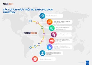 CÁC LỢI ÍCH VƯỢT TRỘI TẠI SÀN GIAO DỊCH
TRUSTDEX
05trustdex.io
Hỗ trợ 10 phương thức nạp & 6 phương
thức rút tiền ngay lập
Tính thanh khoản cao.
Đảm bảo các giao dịch thuận lợi
trong mọi thời điểm.
Giao dịch tài chính Deposit
& Withdraw tức thì.
Hệ thống phòng thủ các cuộc tấn công
DDOS, mã hóa tất cả dữ liệu và tuân thủ tiêu
chuẩn PCI DSS.
Các phương thức thanh toán đa dạng:
Visa, Mastercard, JCB, TRUSTcard, Internet
Banking, Tài sản số.
Bộ phận support hỗ trợ khách hàng 24/7
qua các kênh email, live chat, hotline và
ticket support.
Hệ thống bảo mật cao
 