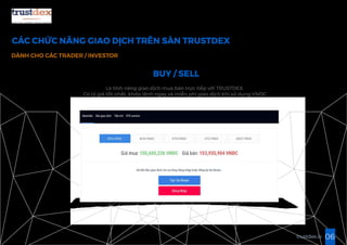 CÁC CHỨC NĂNG GIAO DỊCH TRÊN SÀN TRUSTDEX
DÀNH CHO CÁC TRADER / INVESTOR
06trustdex.io
BUY / SELL
Là tính năng giao dịch mua bán trực tiếp với TRUSTDEX.
Có tỷ giá tốt nhất, khớp lệnh ngay và miễn phí giao dịch khi sử dụng VNDC
 