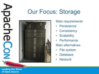 Our Focus: Storage Main requirements Persistence Consistency Scalability Performance Main alternatives File system Database Network 