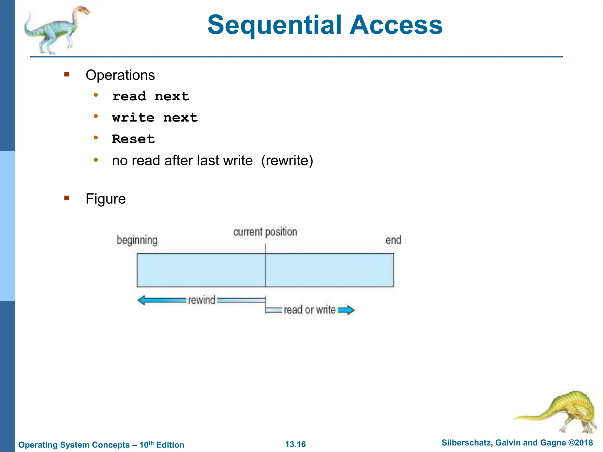 13.16 Silberschatz, Galvin and Gagne ©2018
Operating System Concepts – 10th Edition
Sequential Access
 Operations
• read next
• write next
• Reset
• no read after last write (rewrite)
 Figure
 