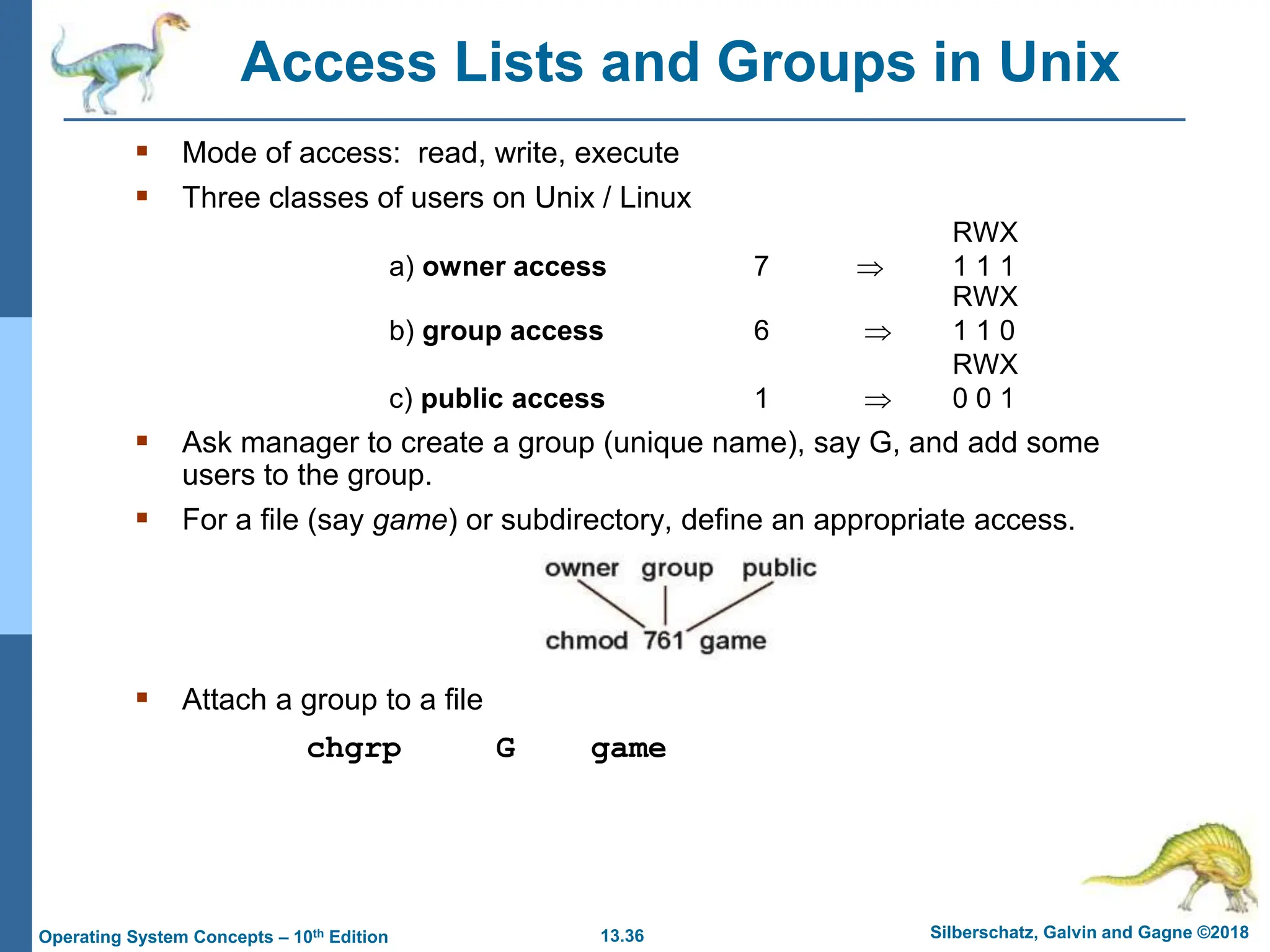 13.36 Silberschatz, Galvin and Gagne ©2018
Operating System Concepts – 10th Edition
Access Lists and Groups in Unix
 Mode of access: read, write, execute
 Three classes of users on Unix / Linux
RWX
a) owner access 7  1 1 1
RWX
b) group access 6  1 1 0
RWX
c) public access 1  0 0 1
 Ask manager to create a group (unique name), say G, and add some
users to the group.
 For a file (say game) or subdirectory, define an appropriate access.
 Attach a group to a file
chgrp G game
 