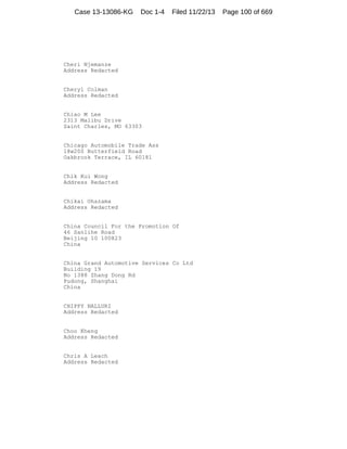 Case 13-13086-KG

Doc 1-4

Filed 11/22/13

Cheri Njemanze
Address Redacted

Cheryl Colman
Address Redacted

Chiao M Lee
2313 Malibu Drive
Saint Charles, MO 63303

Chicago Automobile Trade Ass
18w200 Butterfield Road
Oakbrook Terrace, IL 60181

Chik Kui Wong
Address Redacted

Chikai Ohazama
Address Redacted

China Council For the Promotion Of
46 Sanlihe Road
Beijing 10 100823
China

China Grand Automotive Services Co Ltd
Building 19
No 1388 Zhang Dong Rd
Pudong, Shanghai
China

CHIPPY NALLURI
Address Redacted

Choo Kheng
Address Redacted

Chris A Leach
Address Redacted

Page 100 of 669

 