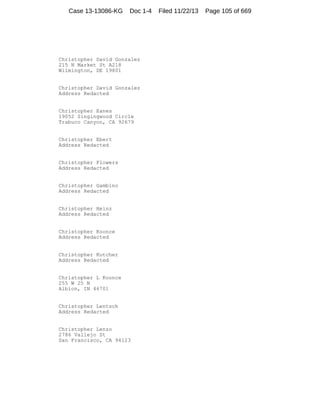 Case 13-13086-KG

Doc 1-4

Christopher David Gonzalez
215 N Market St A218
Wilmington, DE 19801

Christopher David Gonzalez
Address Redacted

Christopher Eanes
19052 Singingwood Circle
Trabuco Canyon, CA 92679

Christopher Ebert
Address Redacted

Christopher Flowers
Address Redacted

Christopher Gambino
Address Redacted

Christopher Heinz
Address Redacted

Christopher Koonce
Address Redacted

Christopher Kutcher
Address Redacted

Christopher L Koonce
255 W 25 N
Albion, IN 46701

Christopher Lentsch
Address Redacted

Christopher Lenzo
2786 Vallejo St
San Francisco, CA 94123

Filed 11/22/13

Page 105 of 669

 