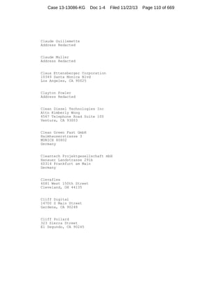 Case 13-13086-KG

Doc 1-4

Filed 11/22/13

Claude Guillemette
Address Redacted

Claude Muller
Address Redacted

Claus Ettensberger Corporation
10349 Santa Monica Blvd
Los Angeles, CA 90025

Clayton Fowler
Address Redacted

Clean Diesel Technologies Inc
Attn Kimberly Wong
4567 Telephone Road Suite 100
Ventura, CA 93003

Clean Green Fast GmbH
Haimhauserstrasse 3
MUNICH 80802
Germany

Cleantech Projektgesellschaft mbH
Hanauer Landstrasse 291b
60314 Frankfurt am Main
Germany

Clevaflex
4081 West 150th Street
Cleveland, OH 44135

Cliff Digital
14700 S Main Street
Gardena, CA 90248

Cliff Pollard
323 Sierra Street
El Segundo, CA 90245

Page 110 of 669

 