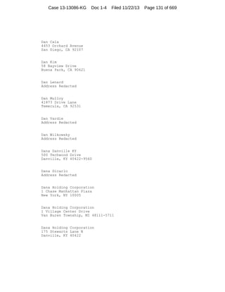 Case 13-13086-KG

Doc 1-4

Filed 11/22/13

Dan Cala
4453 Orchard Avenue
San Diego, CA 92107

Dan Kim
58 Bayview Drive
Buena Park, CA 90621

Dan Lenard
Address Redacted

Dan Mulloy
41873 Drive Lane
Temecula, CA 92531

Dan Vardie
Address Redacted

Dan Wilkowsky
Address Redacted

Dana Danville KY
500 Techwood Drive
Danville, KY 40422-9560

Dana Dicarlo
Address Redacted

Dana Holding Corporation
1 Chase Manhattan Plaza
New York, NY 10005

Dana Holding Corporation
1 Village Center Drive
Van Buren Township, MI 48111-5711

Dana Holding Corporation
175 Stewarts Lane N
Danville, KY 40422

Page 131 of 669

 