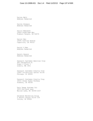 Case 13-13086-KG

Doc 1-4

Darren Metz
Address Redacted

Darren Niemann
Address Redacted

Darrin Makowski
19426 Highridge Way
Trabuco Canyon, CA 92679

Darryl Man
10691 Castine Avenue
Cupertino, CA 95014

Darryl P Man
Address Redacted

Darwin Deason
Address Redacted

Dassault Systemes Americas Corp
900 Chelmsford St
Tower 2 Floor 5
Lowell, MA 1851

Dassault Systemes Simulia Corp
14967 Collections Center Drive
Chicago, IL 60693

Dassault Systemes Simulia Corp
39221 Paseo Padre Parkway
Fremont, CA 94538

Data Image Systems Inc
3070 Old Farm Lane
Walled Lake, MI 48390-1637

Database Marketing Group
5 Peters Canyon Suite 150
Irvine, CA 92606

Filed 11/22/13

Page 137 of 669

 