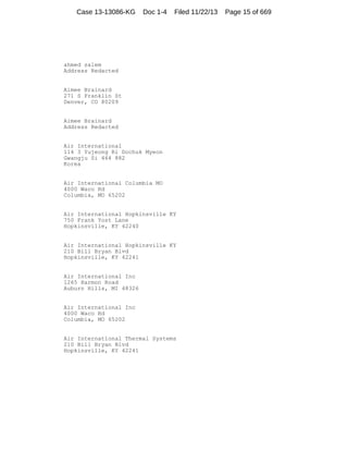 Case 13-13086-KG

Doc 1-4

Filed 11/22/13

ahmed salem
Address Redacted

Aimee Brainard
271 S Franklin St
Denver, CO 80209

Aimee Brainard
Address Redacted

Air International
114 3 Yujeong Ri Dochuk Myeon
Gwangju Si 464 882
Korea

Air International Columbia MO
4000 Waco Rd
Columbia, MO 65202

Air International Hopkinsville KY
750 Frank Yost Lane
Hopkinsville, KY 42240

Air International Hopkinsville KY
210 Bill Bryan Blvd
Hopkinsville, KY 42241

Air International Inc
1265 Harmon Road
Auburn Hills, MI 48326

Air International Inc
4000 Waco Rd
Columbia, MO 65202

Air International Thermal Systems
210 Bill Bryan Blvd
Hopkinsville, KY 42241

Page 15 of 669

 