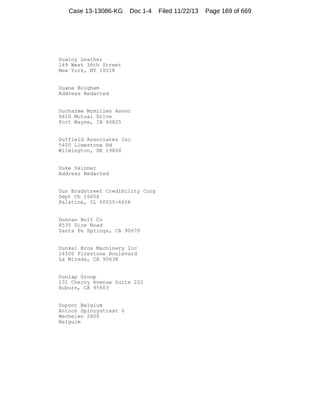 Case 13-13086-KG

Doc 1-4

Dualoy Leather
149 West 36th Street
New York, NY 10018

Duane Brigham
Address Redacted

Ducharme Mcmillen Assoc
6610 Mutual Drive
Fort Wayne, IN 46825

Duffield Associates Inc
5400 Limestone Rd
Wilmington, DE 19808

Duke Skinner
Address Redacted

Dun Bradstreet Credibility Corp
Dept Ch 16656
Palatine, IL 60055-6656

Duncan Bolt Co
8535 Dice Road
Santa Fe Springs, CA 90670

Dunkel Bros Machinery Inc
14500 Firestone Boulevard
La Mirada, CA 90638

Dunlap Group
231 Cherry Avenue Suite 202
Auburn, CA 95603

Dupont Belgium
Antoon Spinoystraat 6
Mechelen 2800
Belguim

Filed 11/22/13

Page 169 of 669

 