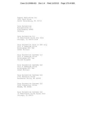 Case 13-13086-KG

Doc 1-4

Filed 11/22/13

Dupont Publishing Inc
3051 Tech Drive
Saint Petersburg, FL 33716

Dura Automotive
Konigstrasse 57
Plettenberg 58840
Germany

Dura Automotive Llc
75 Remittance Drive Ste 3314
Chicago, IL 60675-3314

Dura Automotive Paid in USD only
Unit A Tameside Drive
Birmingham B35 7AG
Great Britain

Dura Automotive Systems Llc
Unit A Tameside Drive
Brimingham B35 7ag
United Kingdom

Dura Automotive Systems LLC
Unit A Tameside Drive
Birmingham B35 7AG
Great Britain

Dura Automotive Systems LLC
2791 Research Drive
Rochester Hills, MI 48309

Dura Automotive Systems LLC
5210 Industrial Drive
MILAN, TN 38358

Dura Automotive Systems LLC
75 Remittance Drive Suite 3314
Chicago, IL 60675

Page 170 of 669

 