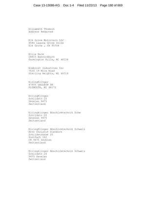 Case 13-13086-KG

Doc 1-4

Filed 11/22/13

Elizabeth Thomson
Address Redacted

Elk Grove Motorcars LLC
8586 Laguna Grove Drive
Elk Grove , CA 95758

Ellie Naim
28815 Bannockburn
Farmington Hills, MI 48334

Elmhirst Industries Inc
7630 19 Mile Road
Sterling Heights, MI 48314

ElringKlinger
47805 GALLEON DR
PLYMOUTH, MI 48170

ElringKlinger
Schildstr 20
Sevelen 9475
Switzerland

Elringklinger Abschirmtechnik Schw
Schildstr 20
Sevelen 9475
Switzerland

ElringKlinger Abschirmtechnik Schweiz
Attn Christof Dietborn
Schildstrasse 20
Postfach 162
CH 9475 Sevelen
Switzerland

Elringklinger Abschirmtechnik Schweiz
Schildstr 20
9475 Sevelen
Switzerland

Page 180 of 669

 