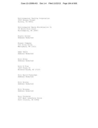 Case 13-13086-KG

Doc 1-4

Filed 11/22/13

Environmental Testing Corporation
2022 Helena Street
Aurora, CO 80011

Environmental Waste Minimization In
14 Brick Kiln Court
Northampton, PA 18067

Erarvi Grover
Address Redacted

Eraser Company
123 Oliva Drive
Mattydale, NY 13211

EREZ YEDID
Address Redacted

Eric Allen
Address Redacted

Eric B Flow
1425 Plaza Dr
Winston-Salem, NC 27103

Eric Baird Flenniken
Address Redacted

Eric Brooks
Address Redacted

Eric Bruneau
Address Redacted

Eric Chisholm
1207 West Lakeshore Drive
Port Clinton, OH 43452

Page 184 of 669

 