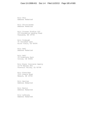 Case 13-13086-KG

Doc 1-4

Eric Choi
Address Redacted

Eric Christiansen
Address Redacted

Eric Crossan Studios LLC
479 Blackbird Landing Road
Townsend, DE 19734

Eric Crubaugh
97 Carlsbad Lane
Aliso Viejo, CA 92656

Eric Dahl
Address Redacted

Eric Dahl
19 Corporate Park
Irvine, CA 92606

Eric Evans Insurance Agency
11770 Warner Ave
Fountain Valley, CA 92708

Eric Flenniken
3315 Steele Road
Newark, DE 19702

Eric Geutjes
Address Redacted

Eric Kentor
Address Redacted

Eric Lefkosky
Address Redacted

Filed 11/22/13

Page 185 of 669

 