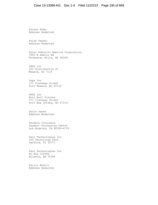 Case 13-13086-KG

Doc 1-4

Filed 11/22/13

Faisal Huda
Address Redacted

Falah Tabahi
Address Redacted

Fanuc Robotics America Corporation
3900 W Hamlin Rd
Rochester Hills, MI 48309

FAPS Inc
261 Distribution St
Newark, NJ 7114

Faps Inc
371 Craneway Street
Port Newark, NJ 07114

FAPS Inc
Attn Earl Vizzone
371 Craneway Street
Port New Jersey, NJ 07114

faris saeed
Address Redacted

Farmers Insurance
Payment Processing Center
Los Angeles, CA 90189-4729

Faro Technologies Inc
250 Technology Park
Sanford, FL 32771

Faro Technologies Inc
PO Box 116908
Atlanta, GA 30368

Farzin Modiri
Address Redacted

Page 195 of 669

 