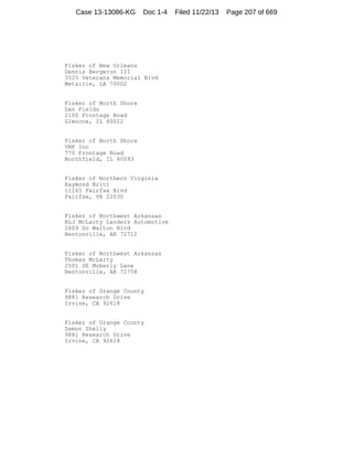 Case 13-13086-KG

Doc 1-4

Fisker of New Orleans
Dennis Bergeron III
3525 Veterans Memorial Blvd
Metairie, LA 70002

Fisker of North Shore
Dan Fields
2100 Frontage Road
Glencoe, IL 60022

Fisker of North Shore
VNF Inc
770 Frontage Road
Northfield, IL 60093

Fisker of Northern Virginia
Raymond Britt
11165 Fairfax Blvd
Fairfax, VA 22030

Fisker of Northwest Arkansas
RLJ McLarty Landers Automotive
2609 So Walton Blvd
Bentonville, AR 72712

Fisker of Northwest Arkansas
Thomas McLarty
2501 SE Moberly Lane
Bentonville, AR 72758

Fisker of Orange County
9881 Research Drive
Irvine, CA 92618

Fisker of Orange County
Damon Shelly
9881 Research Drive
Irvine, CA 92618

Filed 11/22/13

Page 207 of 669

 