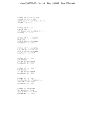 Case 13-13086-KG

Doc 1-4

Fisker of Orange County
Irvine Motorcars LLC
16163 Lake Forest Drive Unit L
Irvine, CA 92618

Fisker of Orlando
Fields PAG Inc
199 South Lake Destiny Drive
Orlando, FL 32810

Fisker of Philadelphia
Chip Ott
1862 E Lincoln Highway
Langhorne, PA 19047

Fisker of Philadelphia
H A Ott Motor Cars LLC
1862 E Lincoln Highway
Langhorne, PA 19047

Fisker of Portland
Ron Tonkin
122 NE 122nd Avenue
Portland, OR 97230

Fisker of Portland
Ron Tonkin
203 NE 122nd Avenue
Portland, OR 97230

Fisker of Portland
Ron Tonkin Gran Turismo Inc
9008 SW Canyon Road
Portland, OR 97225

Fisker of Rochester
The Dorschel Group
3817 W Henrietta Road
Rochester, NY 14623

Filed 11/22/13

Page 208 of 669

 