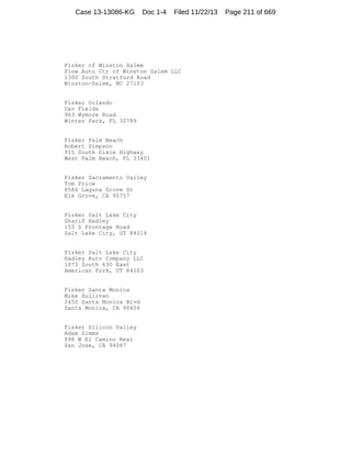 Case 13-13086-KG

Doc 1-4

Filed 11/22/13

Fisker of Winston Salem
Flow Auto Ctr of Winston Salem LLC
1300 South Stratford Road
Winston-Salem, NC 27103

Fisker Orlando
Dan Fields
963 Wymore Road
Winter Park, FL 32789

Fisker Palm Beach
Robert Simpson
915 South Dixie Highway
West Palm Beach, FL 33401

Fisker Sacramento Valley
Tom Price
8586 Laguna Grove Dr
Elk Grove, CA 95757

Fisker Salt Lake City
Sharif Hadley
155 S Frontage Road
Salt Lake City, UT 84014

Fisker Salt Lake City
Hadley Auto Company LLC
1073 South 630 East
American Fork, UT 84003

Fisker Santa Monica
Mike Sullivan
2450 Santa Monica Blvd
Santa Monica, CA 90404

Fisker Silicon Valley
Adam Simms
898 W El Camino Real
San Jose, CA 94087

Page 211 of 669

 