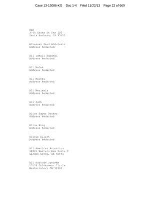 Case 13-13086-KG

Doc 1-4

ALG
3760 State St Ste 200
Santa Barbara, CA 93105

Alhassan Saud Abdulaziz
Address Redacted

Ali Ismail Sabanci
Address Redacted

Ali Malek
Address Redacted

Ali Maleki
Address Redacted

Ali Mesiwala
Address Redacted

Ali Sobh
Address Redacted

Alice Egger Decker
Address Redacted

Alice Wong
Address Redacted

Alicia Elliot
Address Redacted

All American Acoustics
12821 Western Ave Suite C
Garden Grove, CA 92841

All Barcode Systems
15158 Goldenwest Circle
Westminster, CA 92683

Filed 11/22/13

Page 22 of 669

 